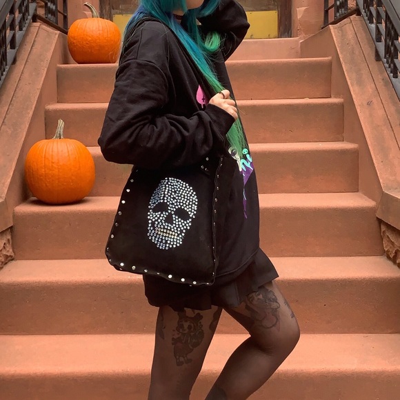 Handcrafted Black Suede Tote with Blue and White Rhinestone Skull - Picture 8 of 9